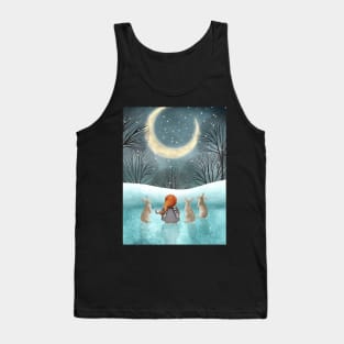 Nordic she gnome and rabbits in the snow, night forest watercolor illustration. Moonlight winter enchanted forest. Tank Top